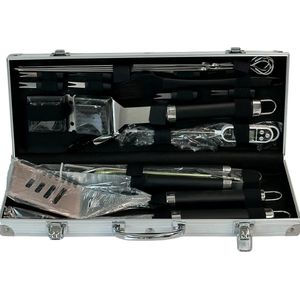 MGM Trading 26-delige extra dikke roestvrijstalen BBQ gereedschapset voor mannen, zware professionele BBQ accessoires kit voor achtertuin, barbecue-gebruiksvoorwerpen geschenkset met vleesthermometer in aluminium koffer voor verjaardag zwart.