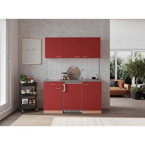 Goedkope keuken 150  cm - complete kleine keuken met apparatuur Gerda - Beuken/Rood - keramische kookplaat  - koelkast  - mini keuken - compacte keuken - keukenblok met apparatuur