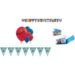 Amscan – Super Mario – Versierpakket – Letterslinger – Uitnodigingen– Vlaggenlijn - Ballonnen – Versiering - Kinderfeest.