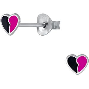 Joy|S - Zilveren petit hartje oorbellen - 4.5 mm - zwart roze
