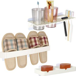Belle Vous Badkamer Organizer Caddy & Slipper Rek - Zelfklevende Muur Gemonteerde Houder Set - Opslag voor Tandenborstel, Tandpasta, Zeep, Schoenen en Handdoeken