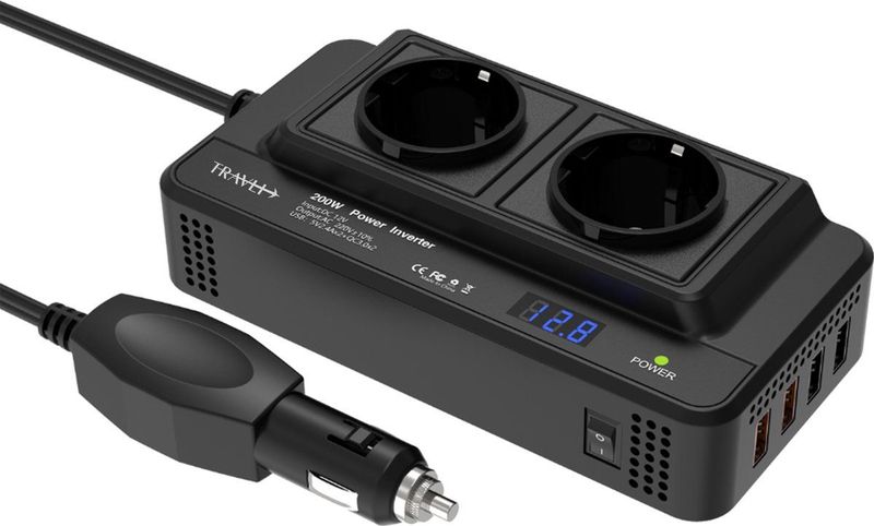 Travli Omvormer 12v 230v - Autolader - Draagbare omvormer - 2x 230V stopcontact – 4x 5V usb oplaadpoorten