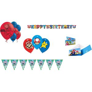 Amscan – Super Mario – Versierpakket – Letterslinger – Uitnodigingskaarten – Vlaggenlijn - Ballonnen – Versiering - Kinderfeest.