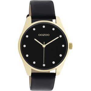 OOZOO Timpieces - goudkleurige horloge met zwarte leren band - C11049