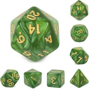 Vera's Arts & Dice | Dobbelstenen Set voor RPGs als Dungeons and Dragons | 7 stuks per set | Emerald Elegance | Parelmoer Groen en Afgewerkt met Gouden Cijfers | Met Dice Bag