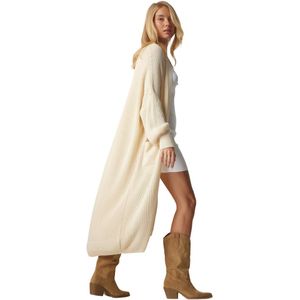 Happinessistanbul Crème Lang Gebreid Damesjack Met Zak Mx00106