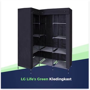 LG Life's Green Opvouwbare Kleerkast – Kledingrek met 9 Legplanken – Stoffen Kledingkast – Hoekkast – 90KG Draagvermogen – 126x40x170CM – Zwart