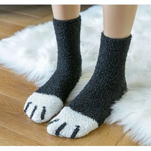 Fluffy Sokken dames - huissokken - zwart - leuke print kattenpootjes - 36-40 - extra zacht - cadeau - voor haar