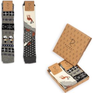 RAFRAY Sokken - Warme Lange Wintersokken voor Dames - Giftbox - Kerstsokken - Grijs Snowman & Deer - Premium Katoen - 2 Paar - Maat 36-40