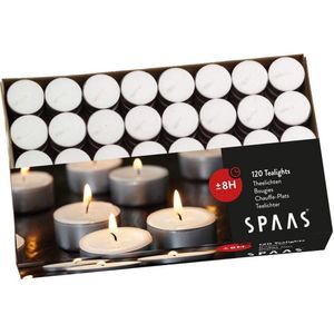 Spaas theelichtjes 120 Waxinelichtjes SPAAS© Pro kaarsen roetvrij 8 uur brandtijd wit gastro (Gastronomie Kwaliteit, 120 stuks, in Luxe Box), met RAL-keurmerk