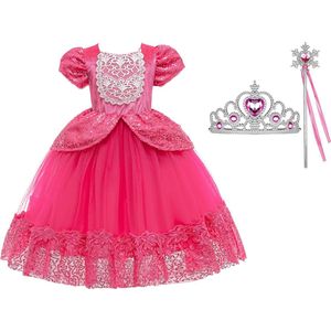 Prinsessenjurk meisje - Roze - Verkleedjurk - maat 146/152 (150) + Kroon - Toverstaf - Verjaardag - Kleed - Cadeau - Speelgoed