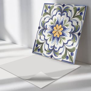 Wallfluent Vinyl Wandpaneel - Bloemenkeramiekpatroon PVC Muurpaneel - 50 cm x 50 cm - Blauw PVC wandpaneel - 4 stuks - Vierkant Wandbekleding Vinyl - Texturen Wandpaneel - Zelfklevende Wandbekleding - Wandpaneel Keuken en Badkamer