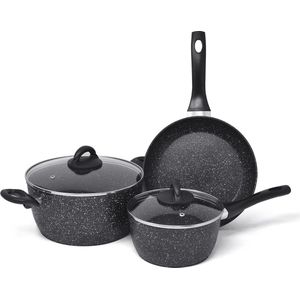 Set van 3 Inductie Koekenpannen met Cool Touch Handvat - Antiaanbakpannen en Glazen Deksel - Multifunctioneel Koken