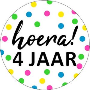 Sluitsticker Sticker – Hoera 4 jaar – Wit – Zwart - Neon Confetti - Stippen - Dots | Traktatiezakje | Envelop sticker | Cadeau – Gift – Cadeauzakje – Traktatie – Basisschool - Kadozakje | Verjaardag – Feest – Birthday | 1-12 jaar - DH collection