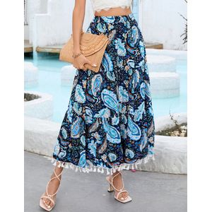Dames Boho Midi-rok Zomerrok Casual hoge taille A-lijn strandrok Donkerblauw XXL