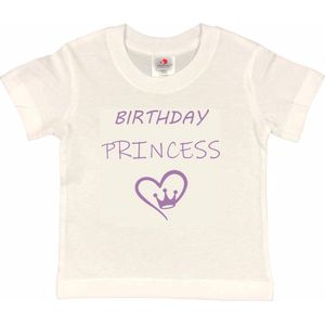 T-shirt Kinderen ""Birthday Princess"" | korte mouw | Wit/lila | maat 86/92 (XXS) Verjaardag Meisjes Prinses