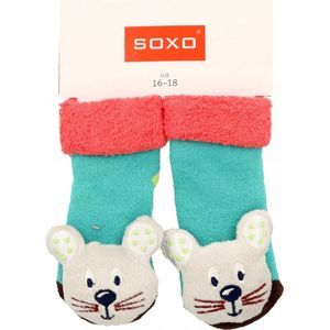 Soxo - Groene Sokken voor Baby met Rammelaar – Muis Afbeelding – Maat 16-18 – Voor Meisjes en Jongens van 0-6 Maanden - Groene babysokken - Babysokken met rammelaar - Babysokjes met geluid - Baby sokken maat 16-18 - Baby sokken muis - Baby cadeau