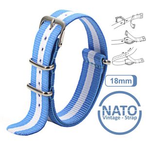 18mm Nato Strap Blauw met Witte streep - Vintage James Bond - Nato Strap collectie - Mannen - Horlogebanden - Blue White - 18 mm bandbreedte voor oa. Seiko Rolex Omega Casio en Citizen
