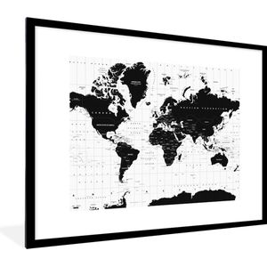 Fotolijst incl. Poster - Wereldkaart - Zwart - Wit - Atlas - Aarde - Educatief - 80x60 cm - Posterlijst