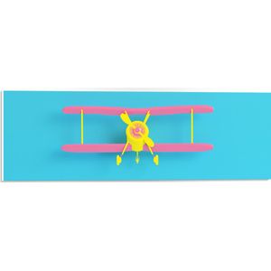 PVC Schuimplaat- Vooraanzicht van Roze met Geel Zweefvliegtuig op Felblauwe Achtergrond - 60x20 cm Foto op PVC Schuimplaat