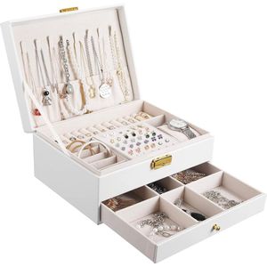 Sieradendoosje met 2 niveaus - PU-leer sieradenkistje voor dames en meisjes - Perfect voor ringen, oorbellen, halskettingen en horloges - Met slot en sleutel - Wit