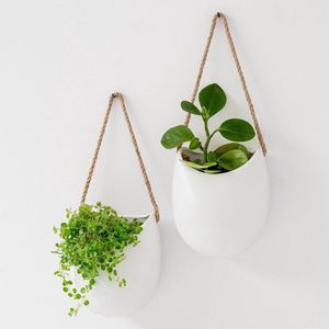 Plantenhanger Hangende Keramische Plantenpotten 2 stuks Wit (mat) - Wandplantenbakken Ellie voor Binnen Balkon en Tuin