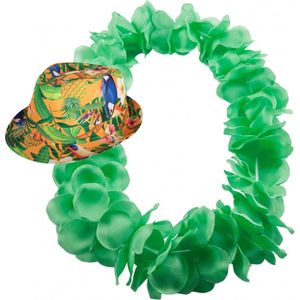 Hawaii thema party verkleedset - Hoedje Tropical print - bloemenkrans neon groen- Tropical toppers - voor volwassenen