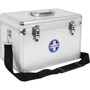 EHBO-doos met handvat stevig en praktisch, aluminium strips, zilverkleurig