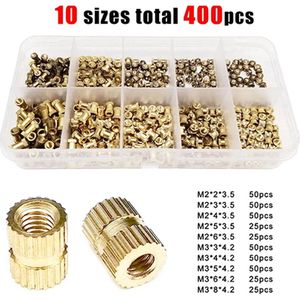 400 stuks schroefdraadinzetstuk, M2 en M3 indrukmoer, messing schroefdraadbussen, binnenschroefdraad, kartelmoeren met kunststof doos voor kunststof onderdelen door warmte of ultrasoon in 3D-printeronderdelen
