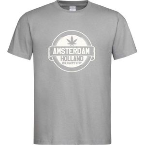 Grijs T shirt met wit  "" Amsterdam / The Happy City "" print size XL