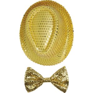 Toppers - Carnaval verkleed set compleet - hoedje en vlinderstrikje - goud - heren/dames - glimmend - verkleedkleding