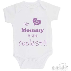 100% katoenen Romper ""My mommy is the coolest!! / I love you"" Moeder Moederdag Mama Meisjes Katoen Wit/lila Maat 62/68