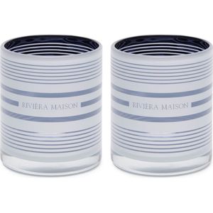 Riviera Maison Waxine- theelichthouder set - RM Stripe Votive met logo - Glas - Blauw - 2 stuks