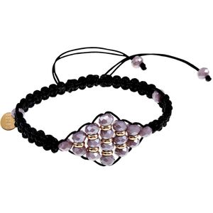 16cm tot 19cm Armband Dames - RVS Goudkleur - Zwarte Macramé Armband met Paars Kristal Ruit-Design - Handgemaakt - Verstelbaar