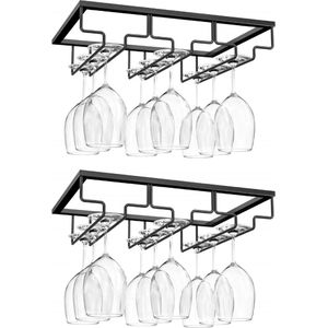Wine Glass Hanger Rack Under Cabinet - Stemware Storage Holder for Bar Kitchen Cabinet (3 Rows) - Black