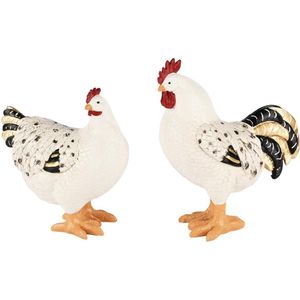 Dekoratief | Kip/haan staand, wit/zwart/goud, resina, 18x9x21cm, set van 2 stuks | A250579