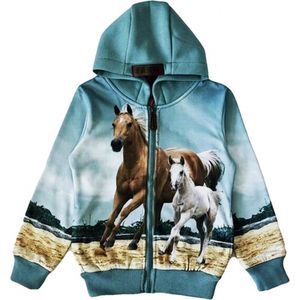 Kinder vest, hoodie, met paarden print, mintgroen, maat 110/116, horses, kind, ZEER MOOI!