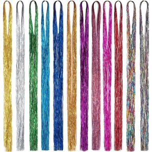 12 stuks kleurrijke glinsterende haarverlengingen van 99 cm - Feeënhaar in 12 kleuren lametta haarverlenging met 1200 strengen - Hittebestendig voor vrouwen, meisjes, party, cosplay