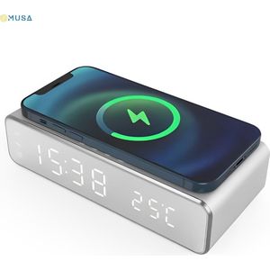 EMUSA Digitale wekker - Wekker - Drie alarmen - Draadloze oplader - Dimbaar led display - USB aansluiting