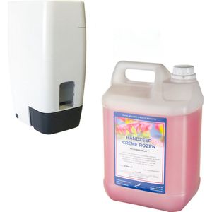 Zeepdispenser 1 liter kunststof hervulbaar + 5 liter jerrycan handzeep Crème Rozen