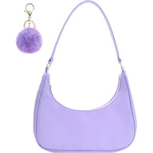 Nylon Y2K-schoudertas voor dames - paars - minihandtas met pomponsleutelhanger - 27*23*7 cm