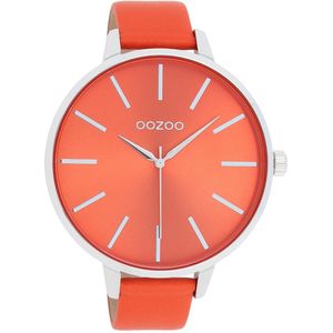 OOZOO Timepieces - Zilverkleurige horloge met oranje leren band - C11071