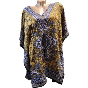 Kaftan/tuniek met aantrekkoord onesize 36-50 bruin/blauw/groen