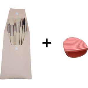 8 delige make up kwasten set met luxe opberg etui roze / beige + Brush cleaner - oDaani