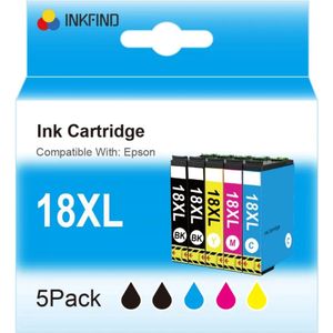 INKFIND 18XL inktcartridge voor Epson18 Epson1811 1812 1813 1814 Epson18XL multipack 5 stuks voor Epson Expression Home XP202, XP205, XP30, XP302, XP305, XP402, XP405, XP412, XP415, XP315, XP312, XP215, XP212, XP225, XP322, XP422, XP425, XP325, XP222