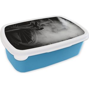 Broodtrommel Blauw - Lunchbox - Brooddoos - De wielen van een stoomlocomotief in zwart-wit - 18x12x6 cm - Kinderen - Jongen