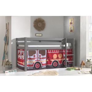 LUCEVI - Pino Halfhoogslaper H115CM + Ladder + Fire Truck Gordijntjes - Grijs - 90x200 cm