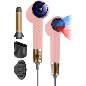 AirGlide - LED Scherm - Föhn met diffuser - Haardroger - 3 Opzetstukken - Luxe Cadeauverpakking - Parel Roze