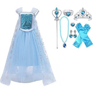 Prinsessenjurk Meisje - Verkleedjurk - maat 92/98 (100) - Tiara - Kroon - Toverstaf - Lange Handschoenen - Juwelen - Verkleedkleren Meisje - Prinsessen Verkleedkleding - Carnavalskleding Kinderen - Blauw - Cadeau Meisje