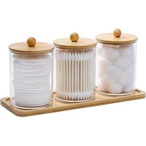 3 Stuks Qtip Houder Dispenser met Bamboe Dienblad - Ronde Wattenschijfjes Houder met Deksel - Wattenstaafje Opbergdoos voor Badkamer - Make-up Opslag - Badkamer Containers Set